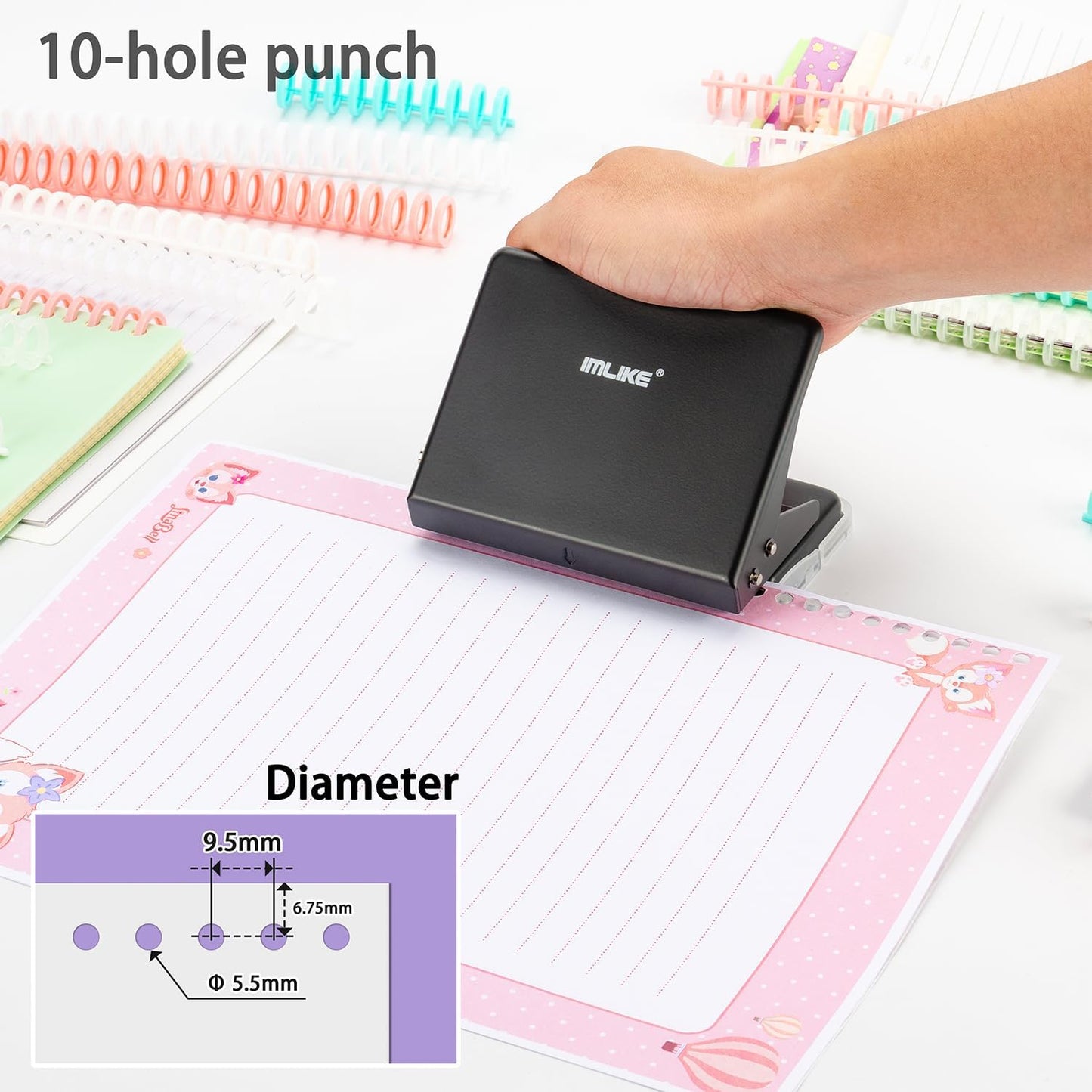 IMLIKE 10-Hole Binding Machine for Planners - Metal Manual Binding System with 10 Multi-Color 30-Hole Loose Leaf Binding Spines - Punches 26 Holes on B5, 30 Holes on A4, 20 Holes on A5 Paper - Black