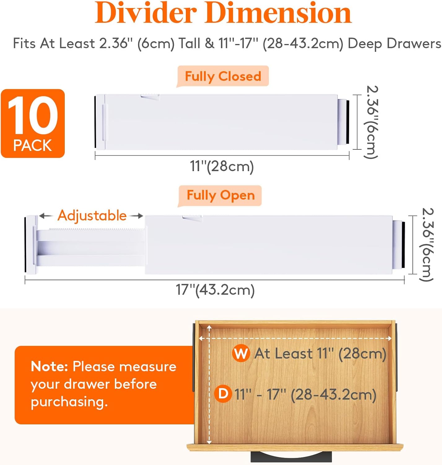 Lifewit 10 Pack Kitchen Drawer Dividers 2.36" High, 11"-17" Adjustable Drawer Organizer for Utensils/Clothes/Makeup, Plastic Expandable Separators in Dresser/Bedroom/Bathroom/Office Storage