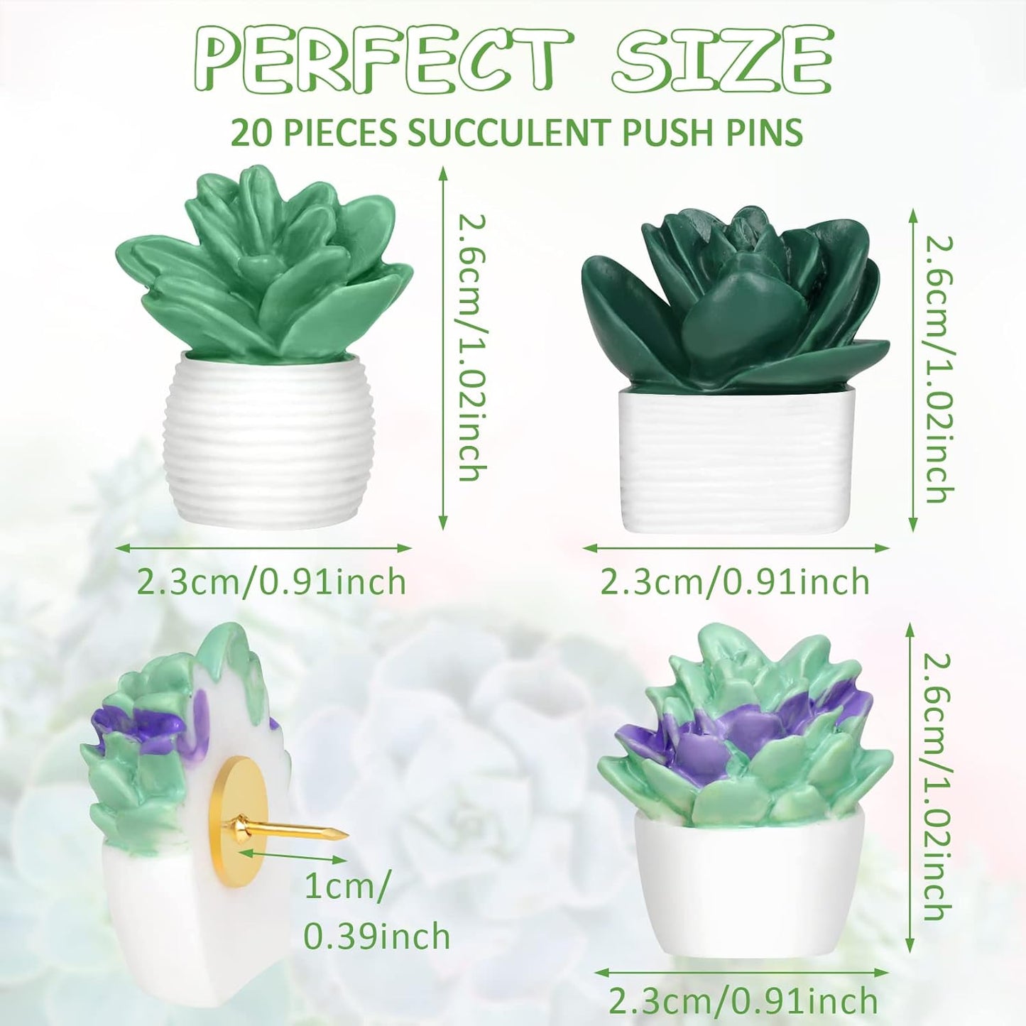 20 Pieces Cute Succulent Plants Decorative Push Pins Colorful Floret Thumbtacks for Photo Wall, Feature Wall, Whiteboard, Cork Board, Map, Bulletin Board, Office or Home (Three Assorted Styles)