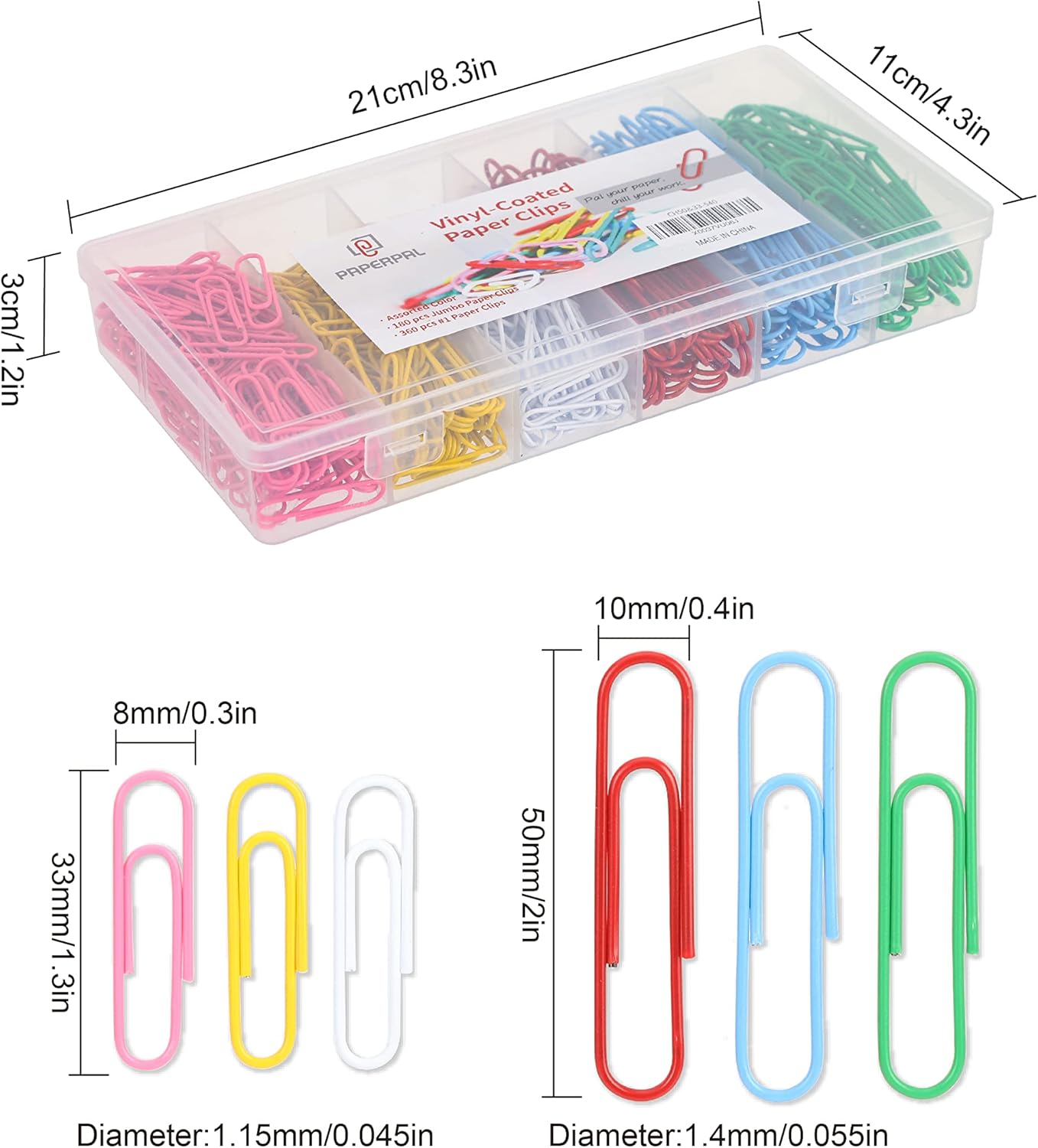 PAPERPAL Paperclips for Office School & Personal Use, Duo Size Vinyl Coated Paper Clip (2" & 1-2/7"), 540 Large & Medium Size Paper Clips (360 in No.1 Size, 180 in Jumo Size), Assorted Color