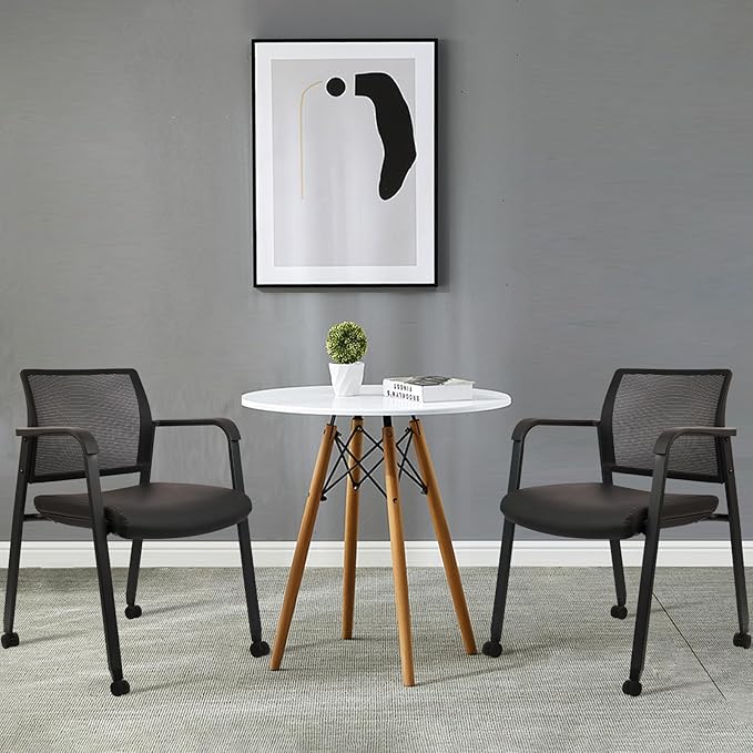 CLATINA Stacking Office Chair with Wheels, Mesh Back Waiting Room Guest Chairs with Arms Comfortable Leather Cushion Stackable Desk Chair for Conference Reception School Side Stationary, Black