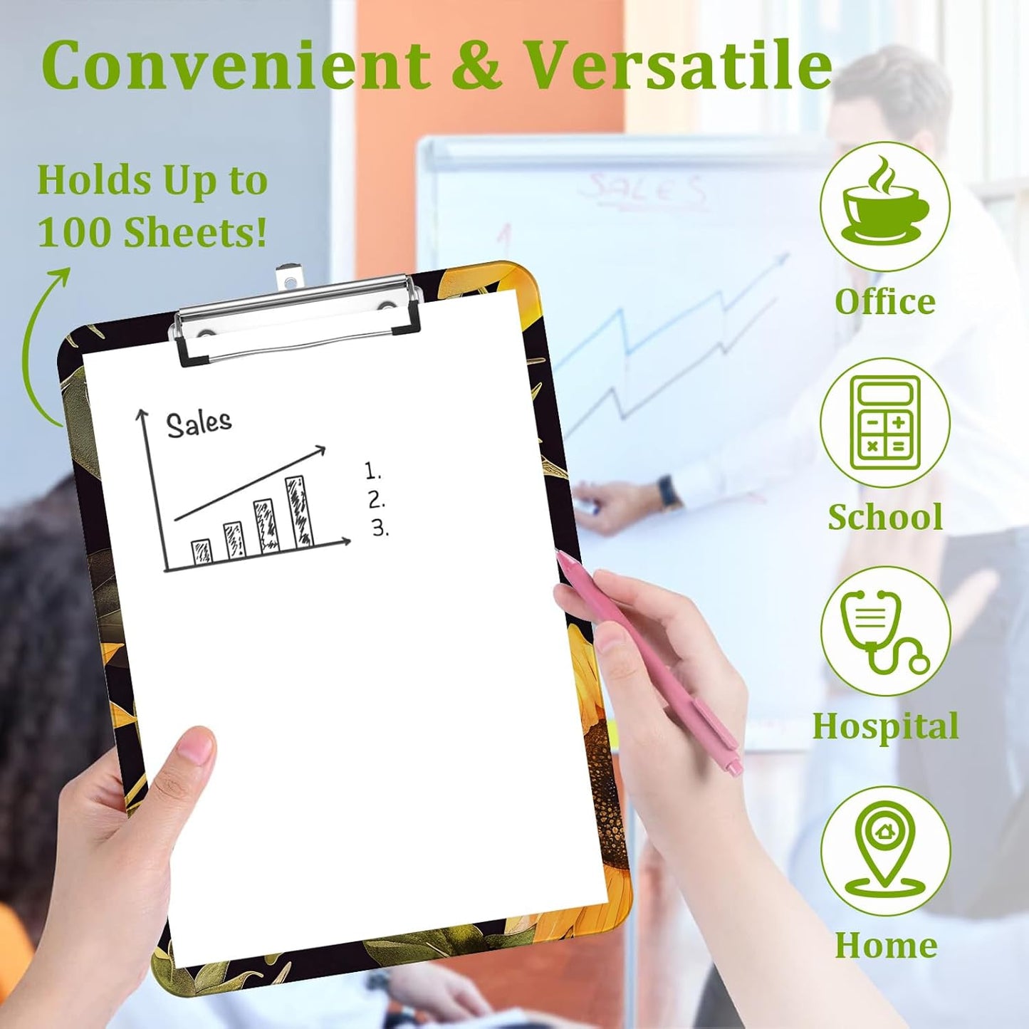 Watercolor Sunflowers Clipboard,Decorative Acrylic Clipboard with Low Profile Metal Clip for Office,School,Teachers,Students Standard Letter Size 9x12.5