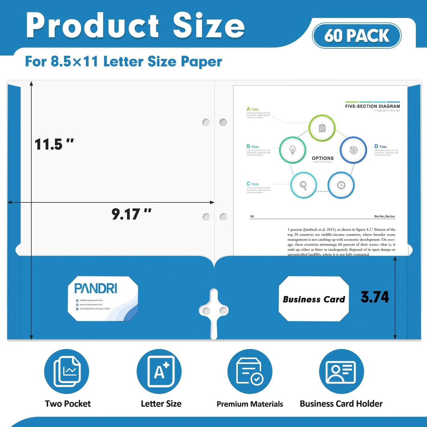 Two Pocket Portfolio Folders, PANDRI 60 Pack 3 Hole Punched 2 Pocket Folders for 3 Ring Binder, Letter Size Paper File Folder for School Office Home Business, Blue