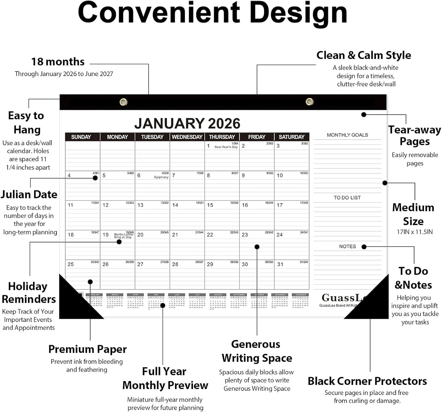 GuassLee Desk Calendar 2026-2027, 3 Packs, 18 Months Calendar 17" × 11.5" Desk Calendar from January. 2026 to June. 2027 with Julian Date, To-do List, Notes, Monthly Goals, for Home School Office