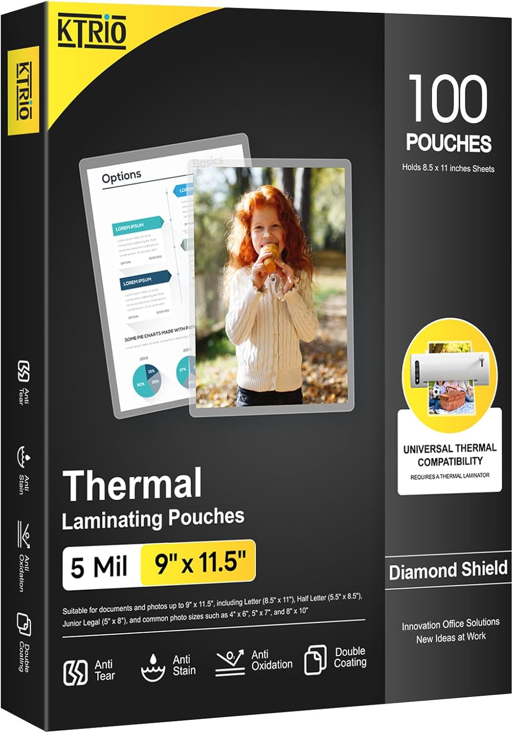 KTRIO Laminating Sheets 5 Mil, Hold 8.5 x 11 inches Sheet, 100 Pack, Clear Thermal Laminate Pouches for Laminator, 9 x 11.5 inches Lamination Sheets for School, Home & Office