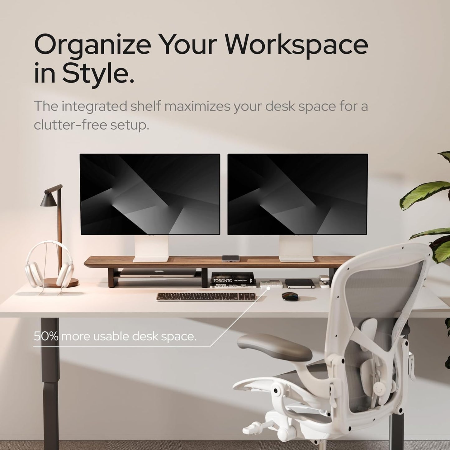 KIVY Dual Monitor Riser with Integrated Metal Shelf - Wooden desk shelf for top of desk - Wood monitor stand for desk 2 monitors / tv - Dual monitor stand riser for desk - Large walnut monitor stand