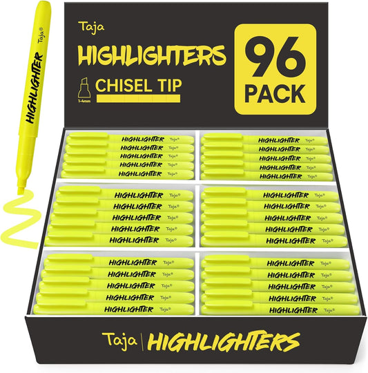 Taja 96 Pack Yellow Highlighters Bulk, Chisel Tip Highlighters Markers Set with No Bleed Ink, Perfect for School & Office Supplies