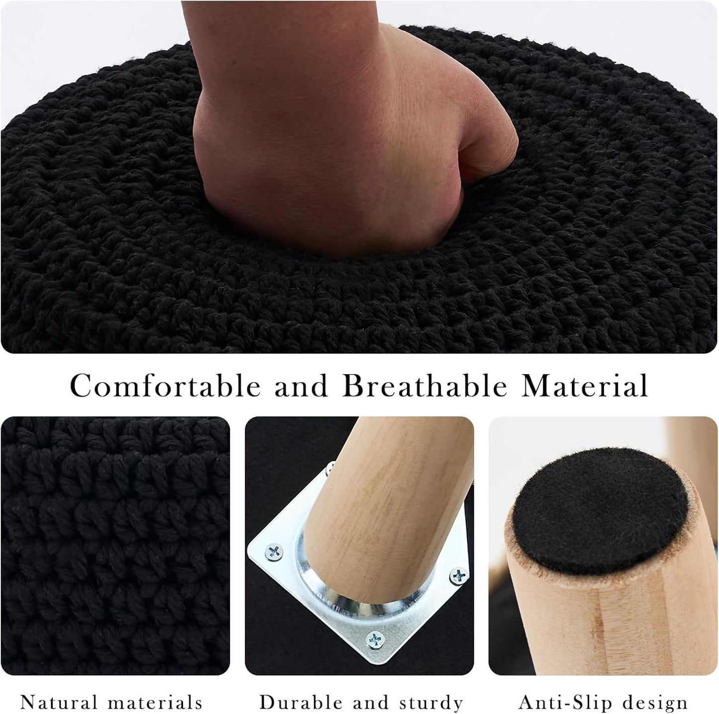 Cotton Knitted Ottoman Round Vanity Stool Modern Footstool Ottoman Footrest with Non-Skid Wood Legs for Living Room Bedroom Black