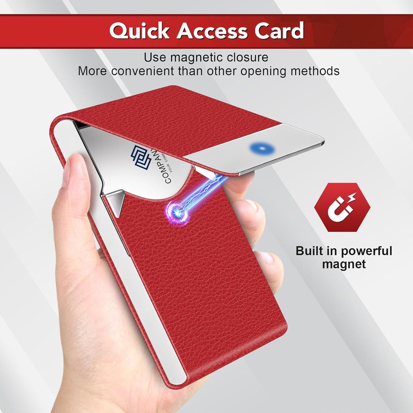 Business Card Holder with Ultra Slim Design, Business Card Case with Premium PU Leather, Suit Pocket Metal Card Holder for Women/Men, Magnetic Closure Quick Access Cards