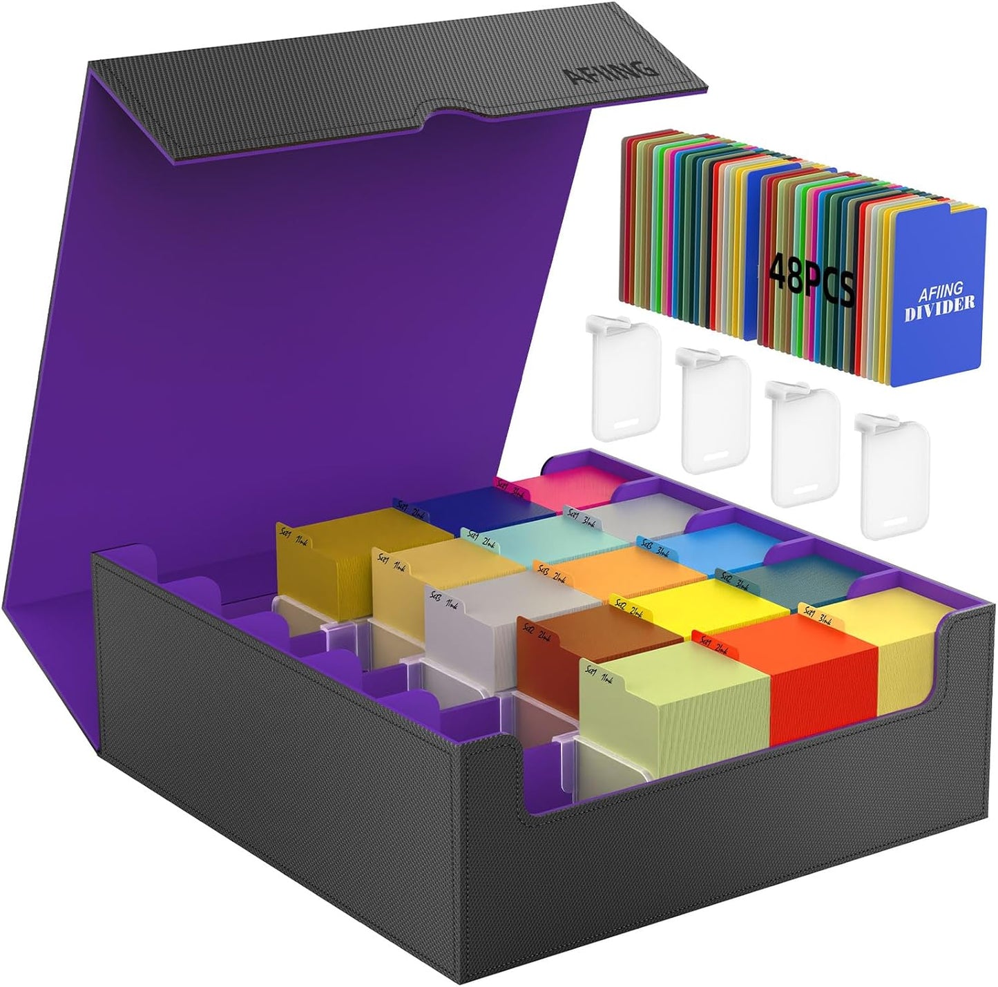 AFIING Trading Card Storage Box, MTG Deck Box with 48 Dividers & Supporters, Commander Card Deck Case Fits for Magic Game Cards, YugiOh, TCG, baseball and Sport Cards, Black Purple 3200+