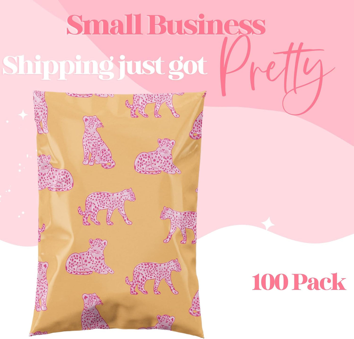 10x13 Designer Poly Mailer 100 Pack Heavy Duty Waterproof Self Seal Shipping Bags for Small Business Large Mailing Envelopes Bulk Tear Resistant Packaging Pink Orange Leopard