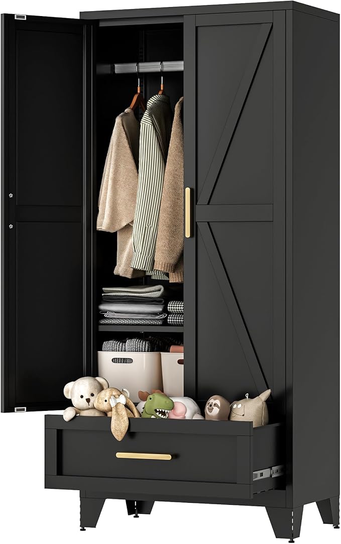 71" Tall Metal Wardrobe Cabinet with Drawer and Hanging Rod, 2 Doors Armoire Wardrobe Closet with Shelf for Bedroom, Office, Laundry Room, Black