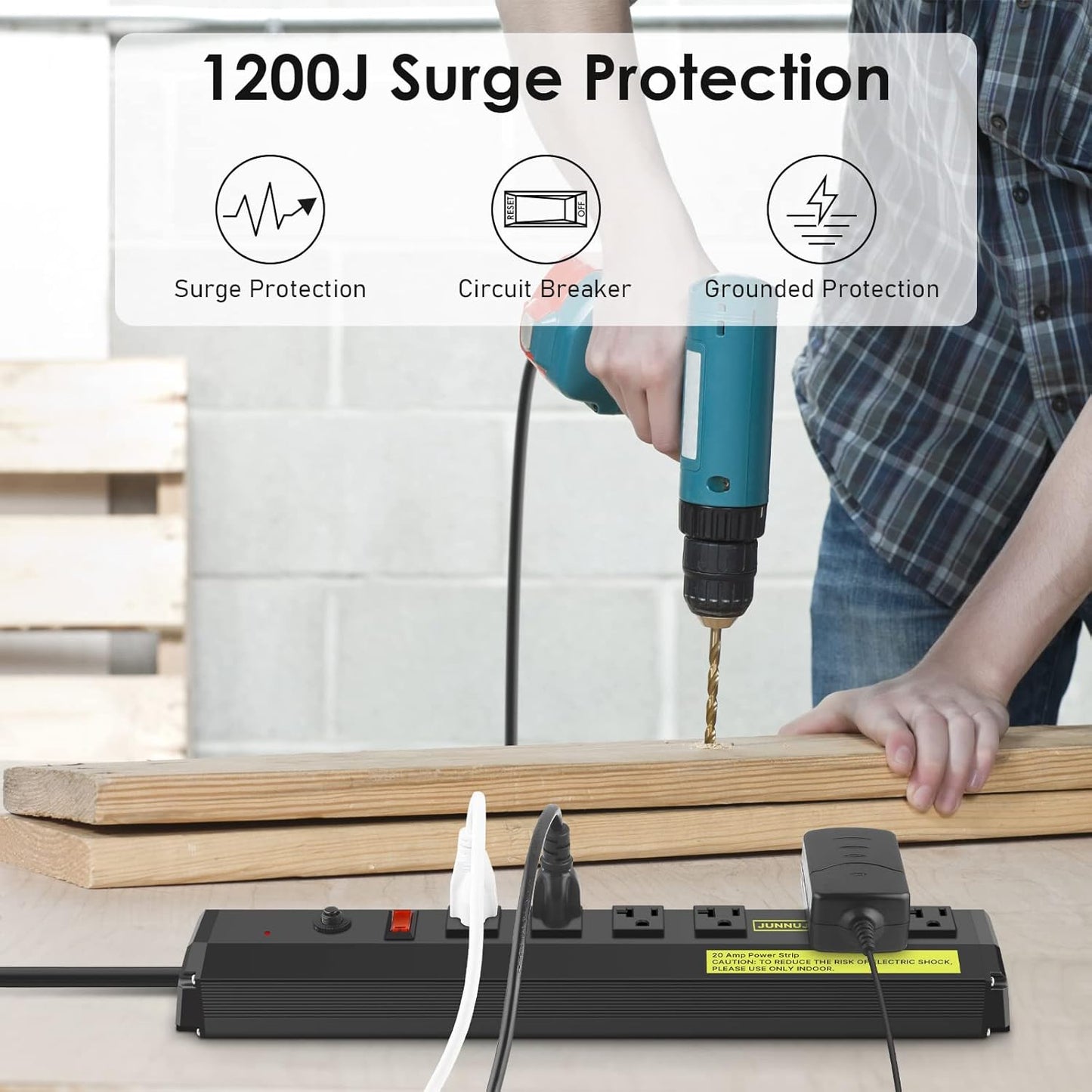 JUNNUJ Heavy Duty Metal Power Strip 20 Amp, High Amp Surge Protector 6 Outlet, 20A Power Strips Workshop Industrial Outlets Wide Spaced 6-20R T-Slot with Circuit Breaker, 12 Gauge Extension Cord 10ft