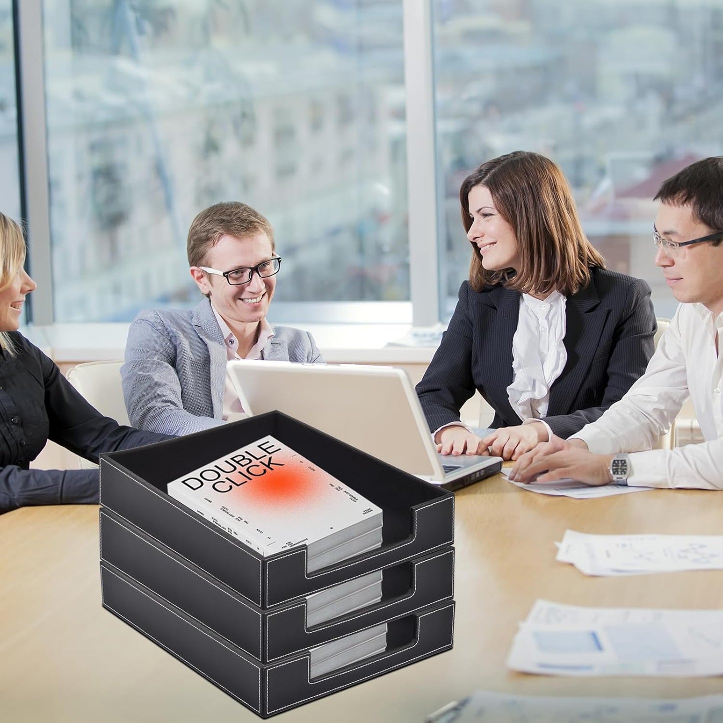 Leather Letter Tray, Office Supplies Desk Organizer for Mail Paper Files Magazines Jewelry Cosmetics,Luxury Letter Holder&Multipurpos Stackable Office Desktop Storage Box,Black