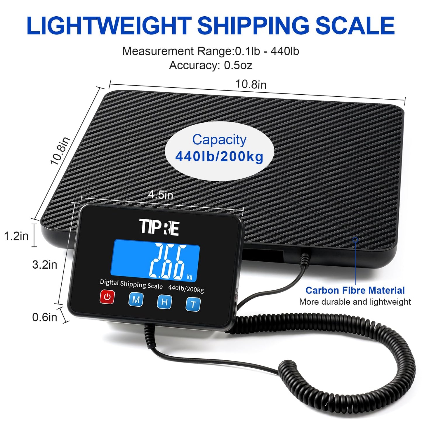 Digital Shipping Postal Scale 440lb/0.5oz Accuracy! Lightweight Carbon Fibre Commercial Weight Scale for Package, Small Business, Mail, Warehouse, Home, Luggage, Battery&Charging Cable Included