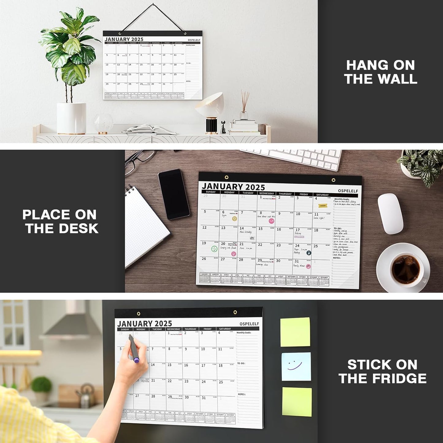 Ospelelf Magnetic Calendar 2025-2026 for Refrigerator, Desk Wall Calendar, January 2025 to June 2026, Monthly Large Planner Pad with Plastic Cover 17" X 12" Black