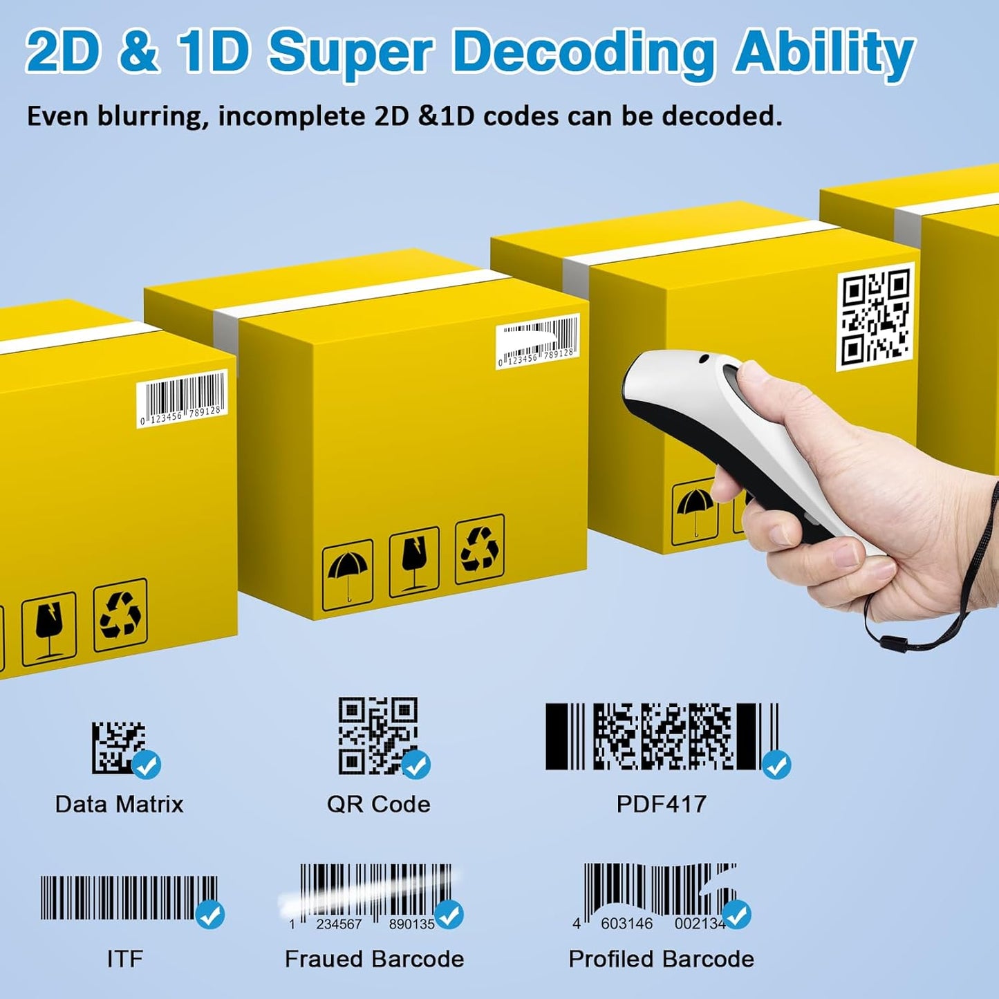 Alacrity1D 2D QR Barcode Scanner Compatible with 2.4G Wireless & Bluetooth Function & Wired Connection, Cordless Handheld Barcode Scanner Compact Plug and Play, Connect Smart Phone, Tablet, PC White