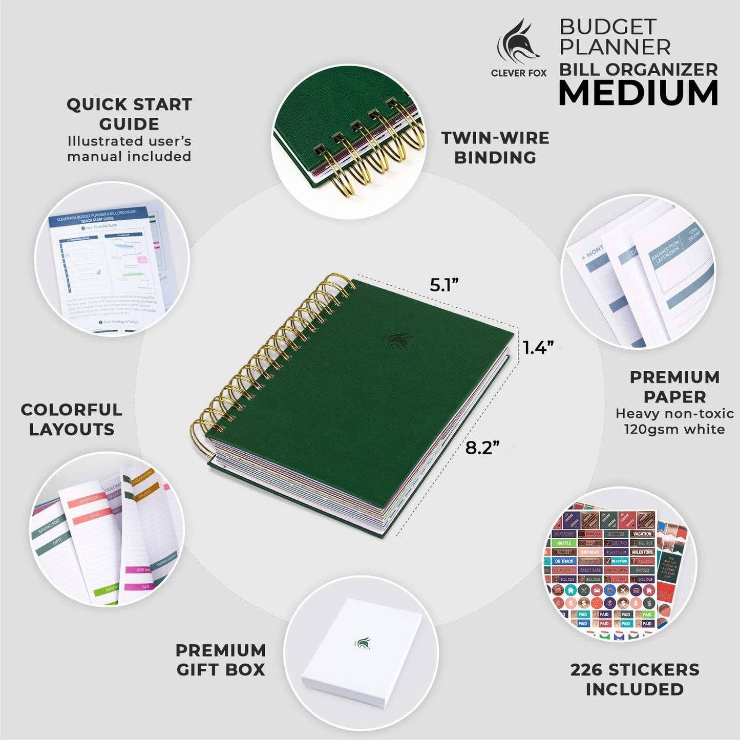 Clever Fox Budget Planner & Monthly Bill Organizer With Pockets. Expense Tracker, Budgeting Journal & Financial Book. Medium, 5.1x8.2" (Dark Green)