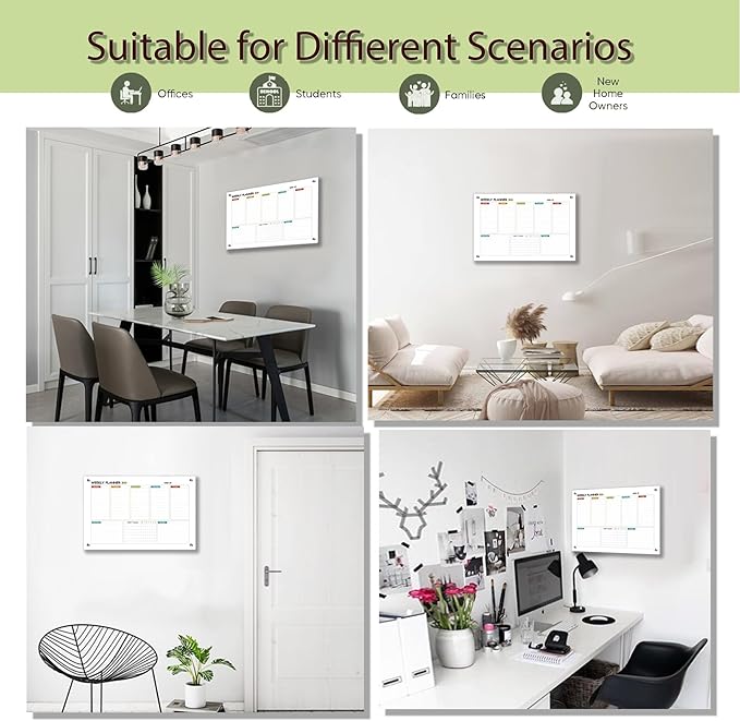 Glass Colorful Weekly Dry Erase Board for Wall,Weekly Planner Whiteboard for Wall 24"x18",Frameless Mounting,Medium Weekly Wall Calendar Dry Erase for Office/School/Home