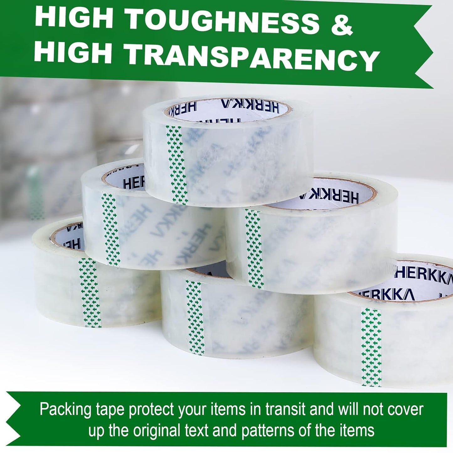HERKKA Clear Packing Tape, 24 Rolls Heavy Duty Packaging Tape for Shipping Packaging Moving Sealing, Thicker Clear Packing Tape, 1.88 inches Wide, 65 Yards Per Roll, 1560 Total Yards