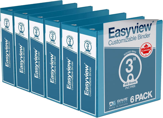 Easyview Premium 3-Ring Binders with Clear-View Covers and Round Rings, Binders for School or Office, 3 Inch, Pack of 6, Turquoise Blue