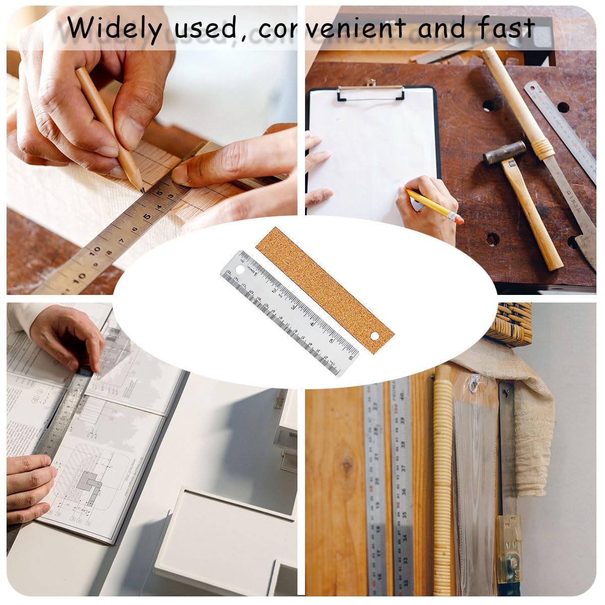 3 Pcs 6 Inch Metal Ruler Stainless Steel Metal Ruler with Cork Backing, Non-Slip Rulers with Inch and Centimeters, Straight Edge Cork Base Rulers for Student School Office Drafting Tools