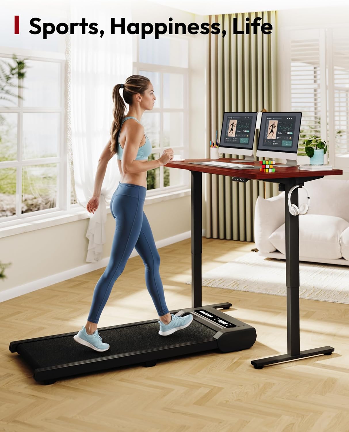 SANODESK Electric Standing Desk 55 x 28 Inches Whole-Piece Desktop Height Adjustable Stand Up Desk w/6-Button Controller Ergonomic Computer Desk for Home Office, Black Frame + Mahogany Tabletop