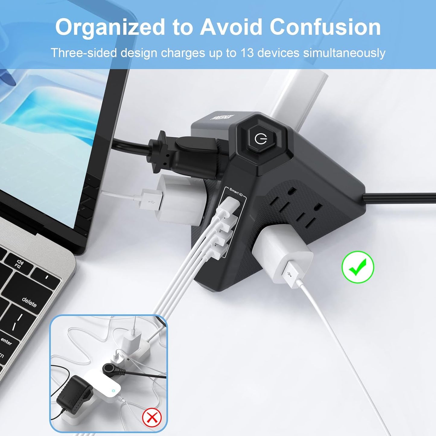 Tower Surge Protector Power Strip, NVEESHOX 9 AC Outlets with 4 USB Ports (1 USB C) 3-Side Triangle Outlets with USB Ports,6.5 Ft,Flat Plug, Charging Station with Surge Protection (Black+6.5 FT)