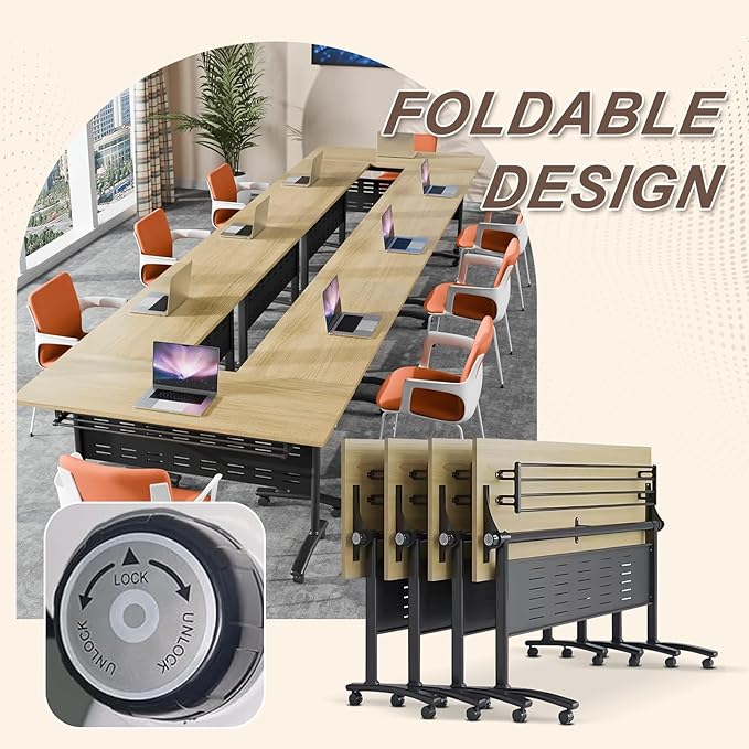 Folding Conference Room Table, Modern Conference Tables with Wheels, Large Rectangular Mobile Training Tables for Office Classroom, Foldable Modular Boardroom Seminar Table Maple (10pack L47.2in)