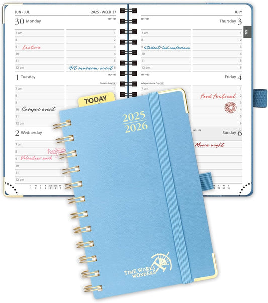 POPRUN Pocket Planner 2025-2026 (Spiral Hardcover - 4''x 6.25''), Daily Weekly and Monthly (July 2025 - June 2026) with Hourly Time Slots, for Purse, 100 GSM - Haze Blue