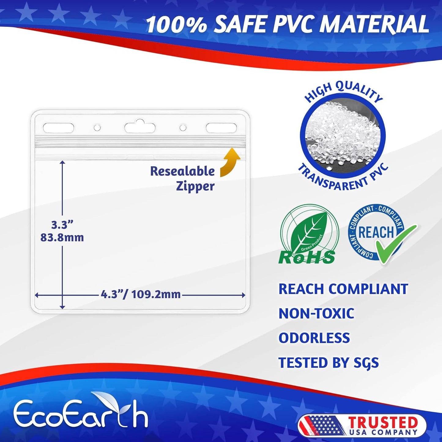 EcoEarth - Horizontal PVC Card Protector with Metal Clips and Vinyl Straps with Soft Edge - Sealable Fits 4x3 inch Inserts - Clear, 100 Pack - Waterproof ID Holder Bulk - ID Card Holder