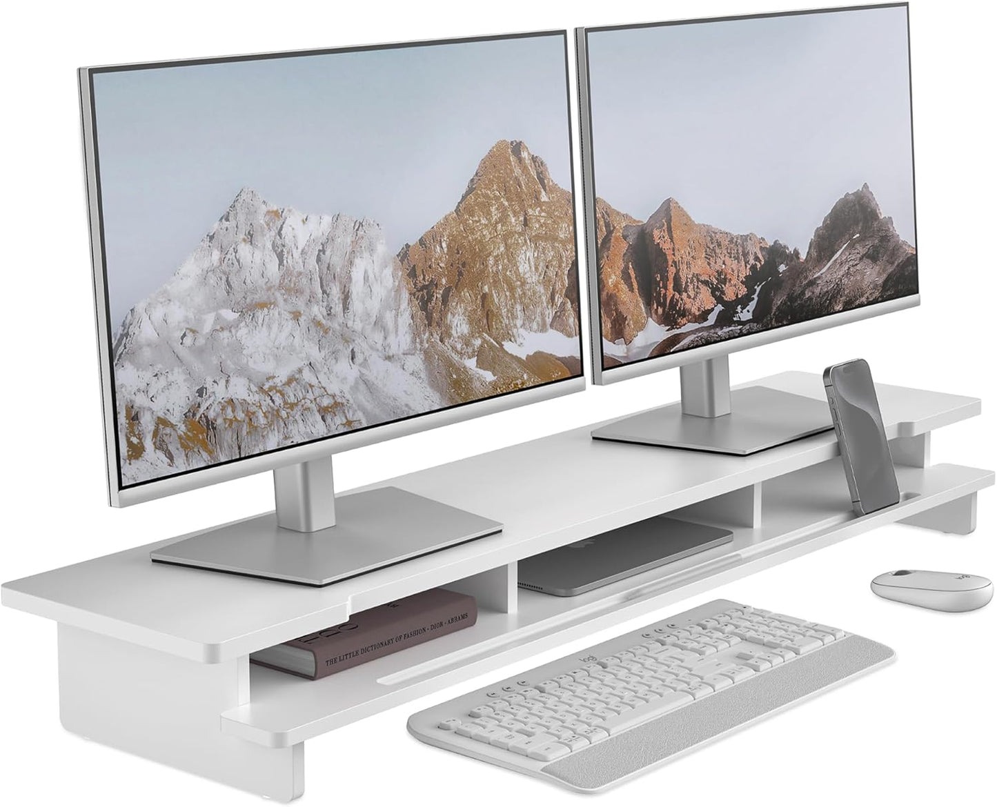 Monitor Stand Dual Monitor Stand Riser for Desk,Wood Desk Shelf Storage Organizer with Phone Tablet Holder (42.5 Inch, White)