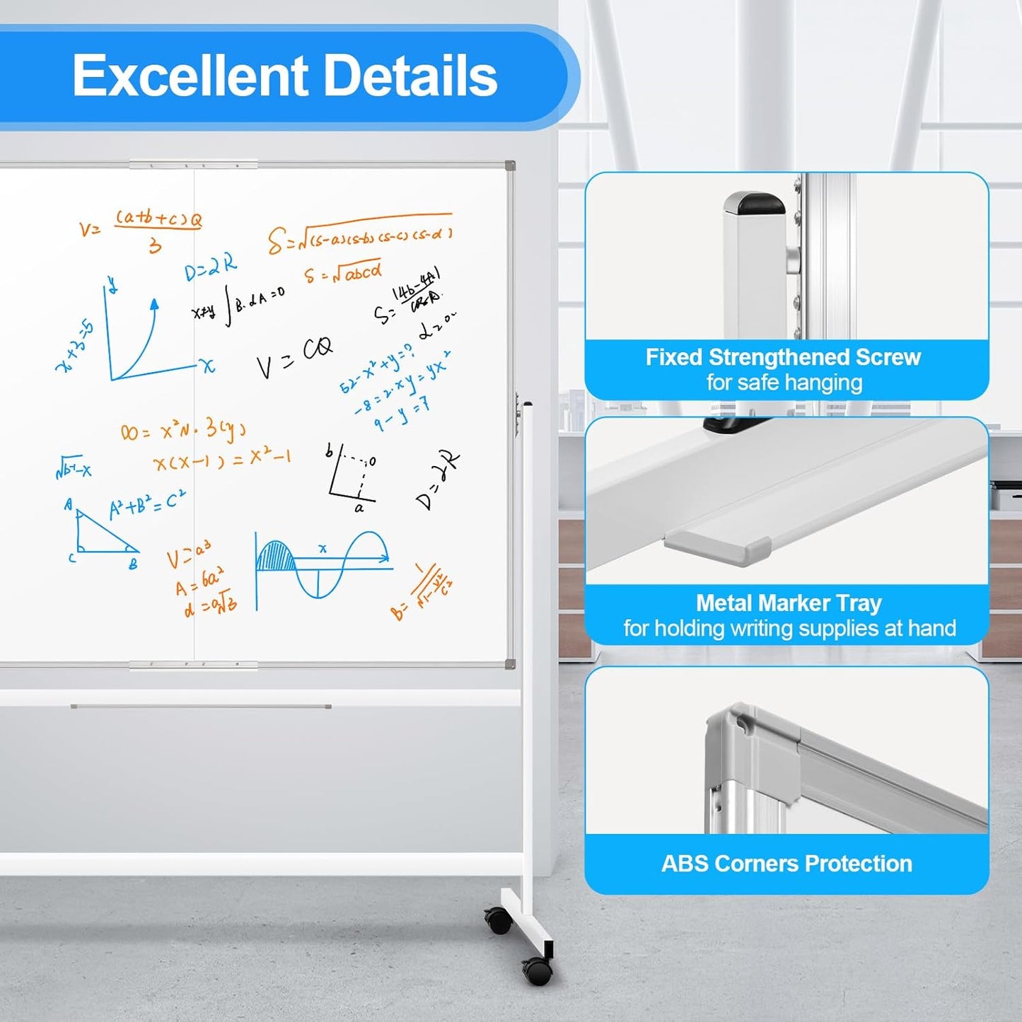 60 x 48 Double Sided Rolling Whiteboard, Large Rolling White Board - Magnetic Rolling Dry Erase Board Easel Standing Board on Wheels with Aluminium Frame for Office, Home & Classroom
