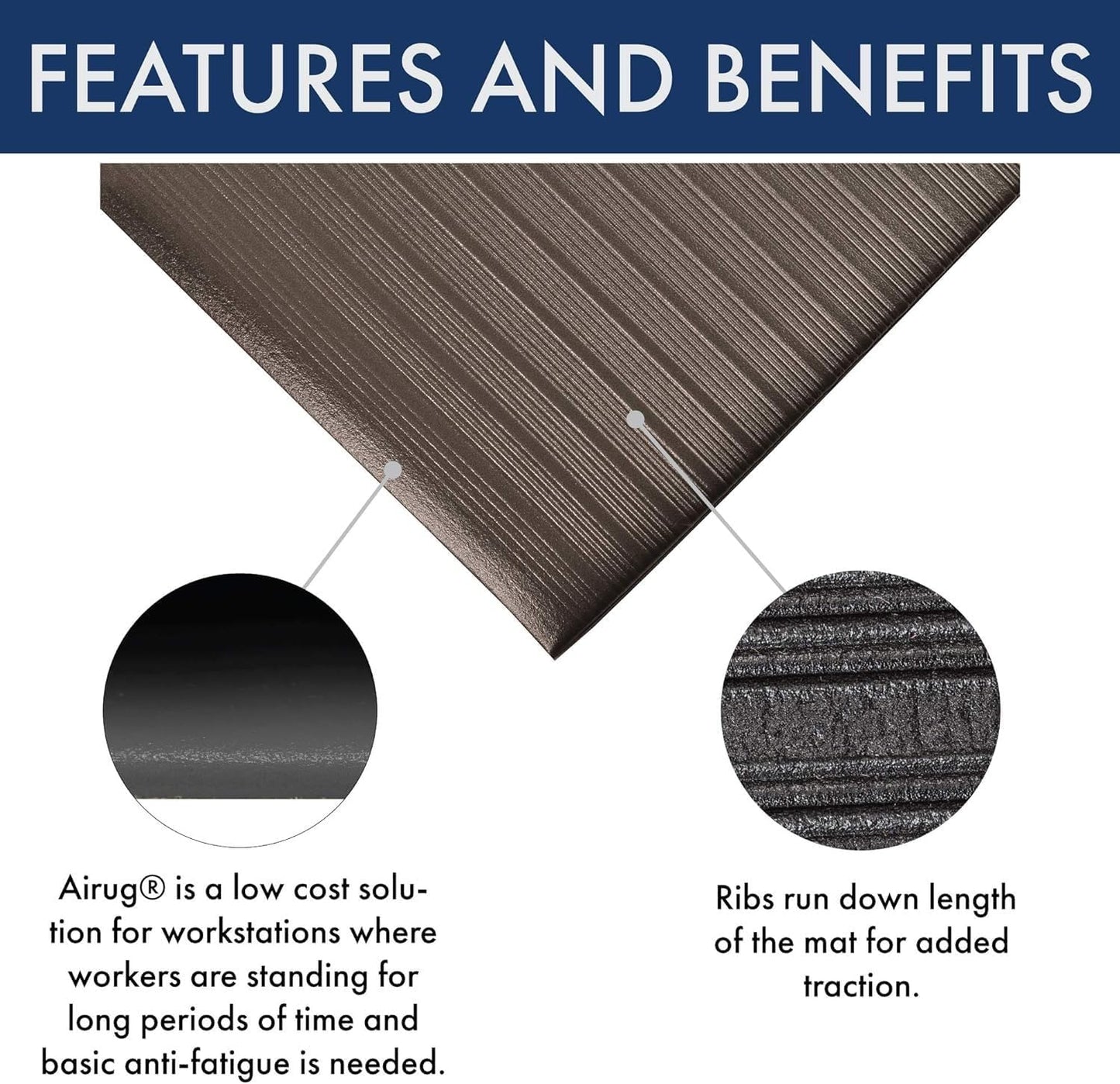 Notrax 410 Airug® 4' x 60' x 3/8" Anti Fatigue Mat, Enhanced Slip Resistance with Beveled Edges and Ribbed Surface, Ideal for Industrial and Commercial Workplaces, Gray, 410R0348GY