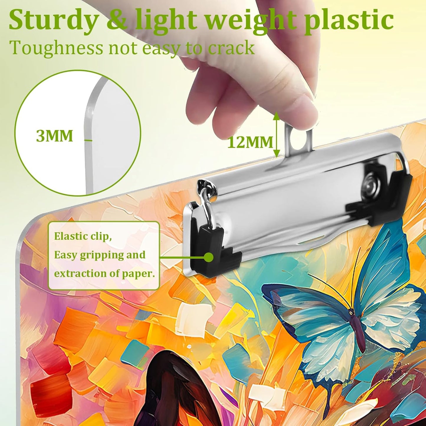 Butterfly Clipboard,Decorative Acrylic Clipboard with Low Profile Metal Clip for Office,School,Teachers,Students Standard Letter Size 9x12.5