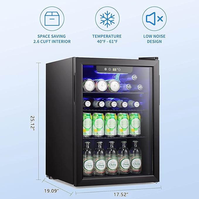 Antarctic Star Mini Fridge-95 Can Beverage Refrigerator Wine Cooler Clear Front Glass Door Small Drink Touch Screen for Soda Beer Bar Office Home 2.6 cu.ft