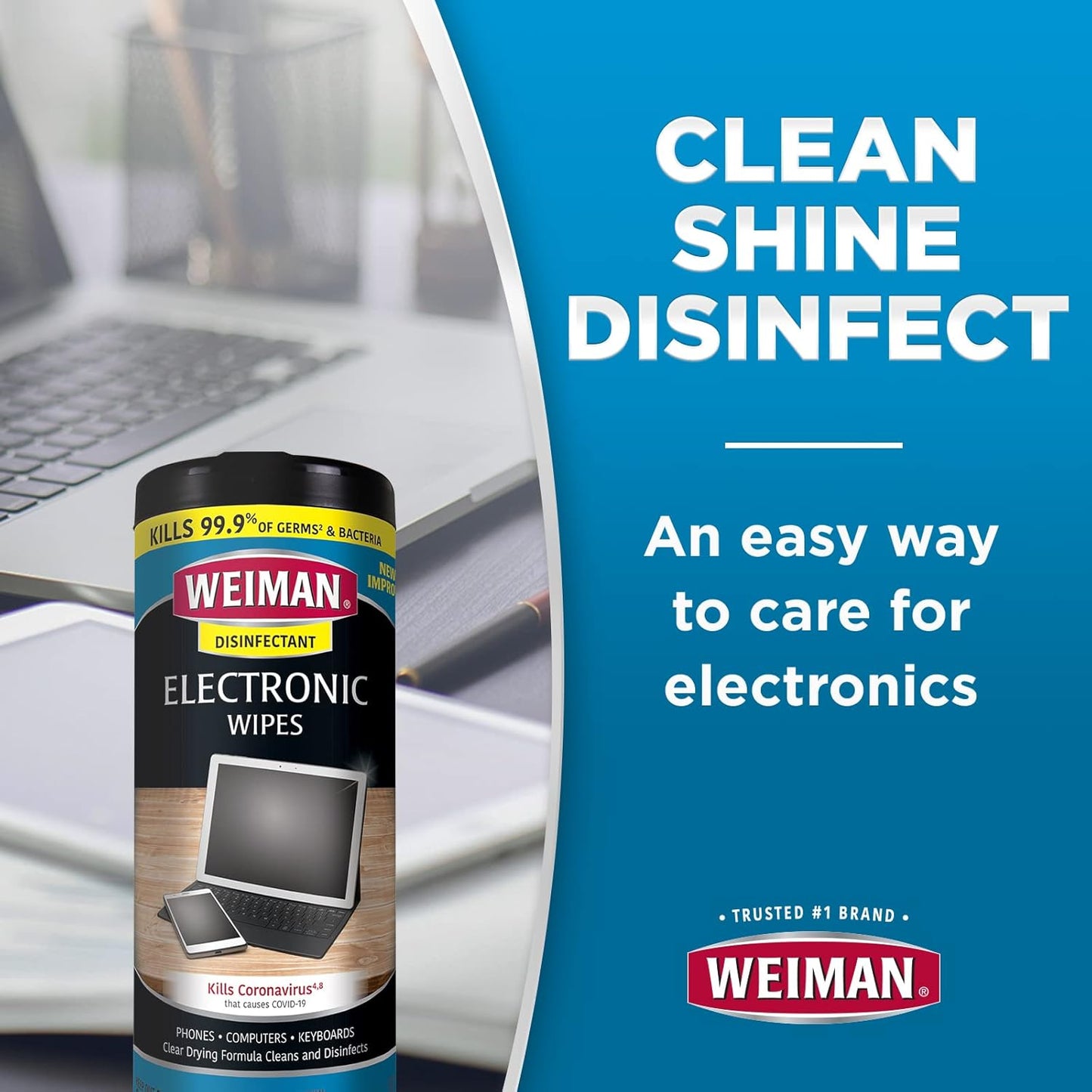 Weiman Electronics & Screen Disinfecting Wipes - Safely Clean and Disinfect Your Phone, Laptop, Keyboard, Tablets, Lens, Wipe, Glasses Cleaner, 30 Count, 2 Pack with MicroFiber Towel
