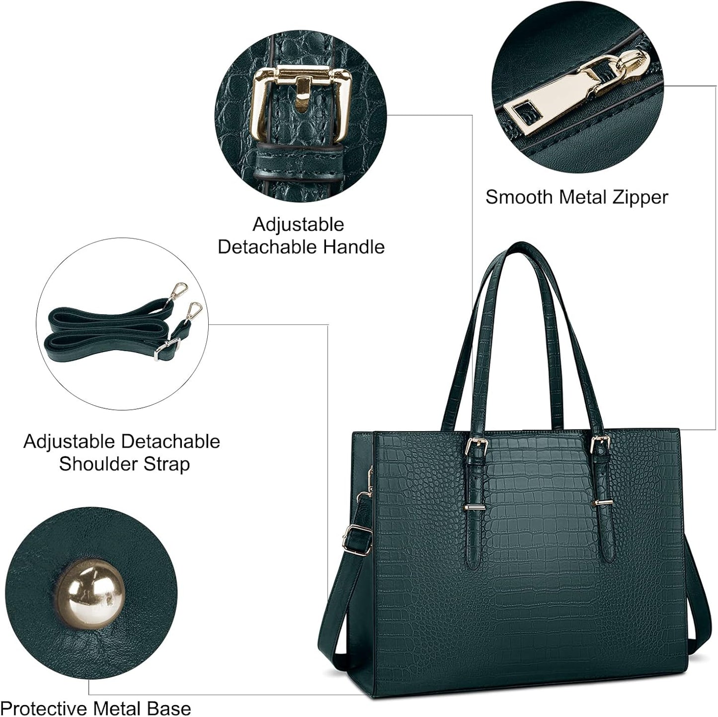 Laptop Bag for Women 15.6 Inch Laptop Tote Bag Leather Classy Computer Briefcase for Work Waterproof Handbag Professional Shoulder Bag Women Business Office Bag Large Capacity Dark Green
