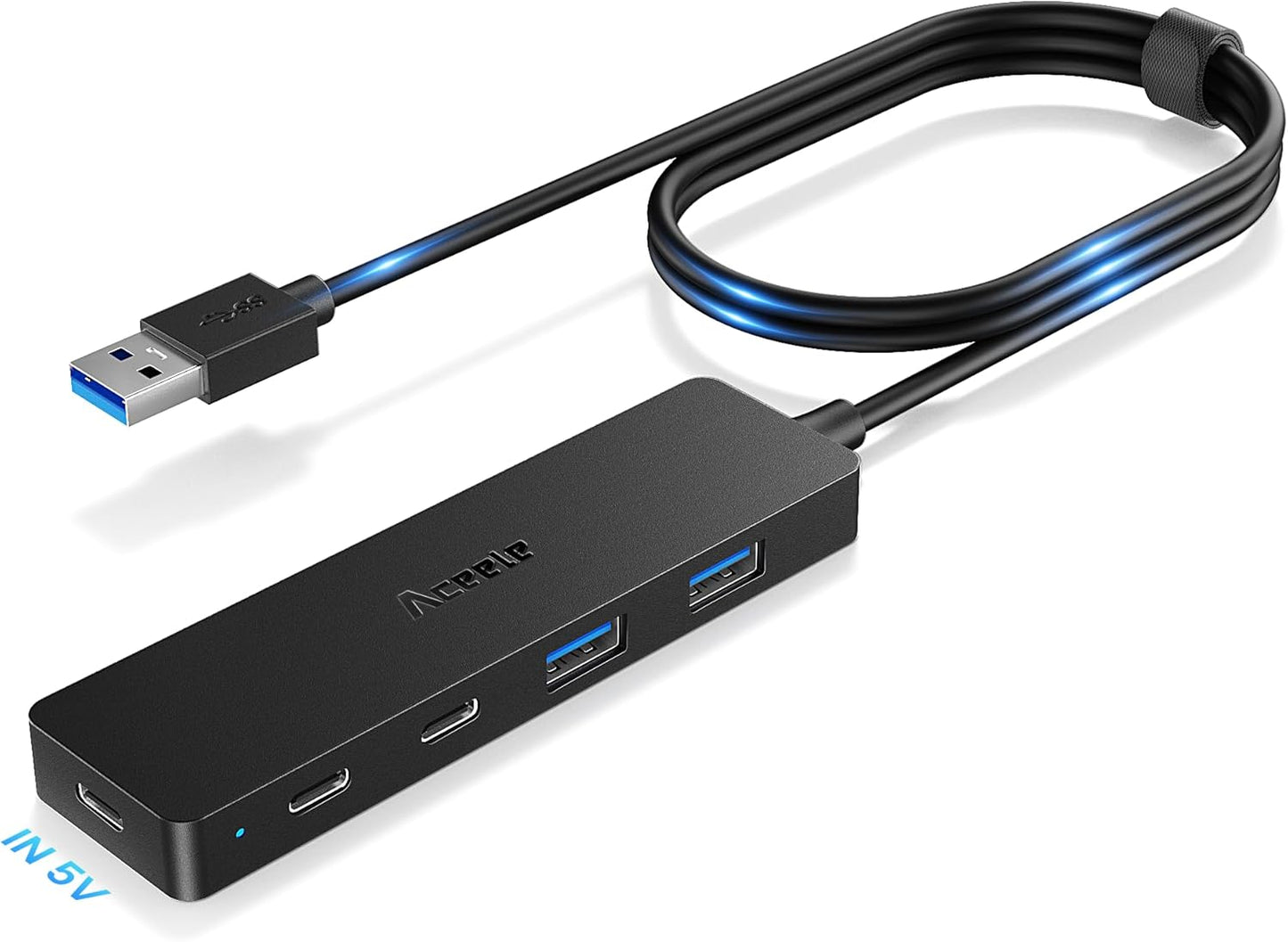 Aceele USB Hub 3.0 Splitter with 2 USB-C and 2 USB-A, 4 Ports Ultra-Slim Multiport Expander Adapter with 4ft Extension Long Cable Cord, USB Extender for Desktop, Computer, PC, Laptop, iMac and More