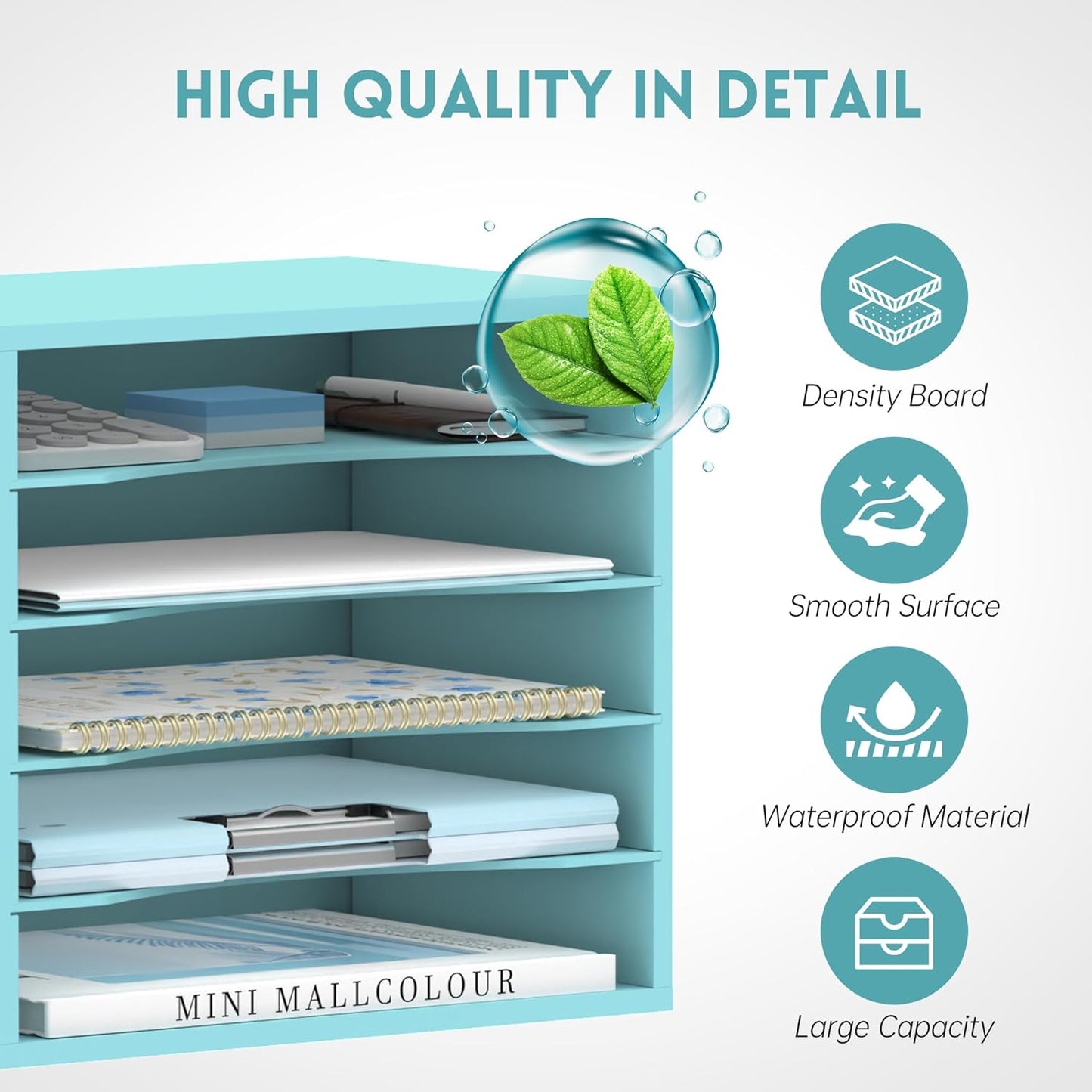 SUPEASY Wood Desk Organizer, 5 Tier Paper File Organizer for Desk, Wooden Desktop Organizer, Paper Letter Literature Mail Sorter, for Office School & Home Organization, Blue