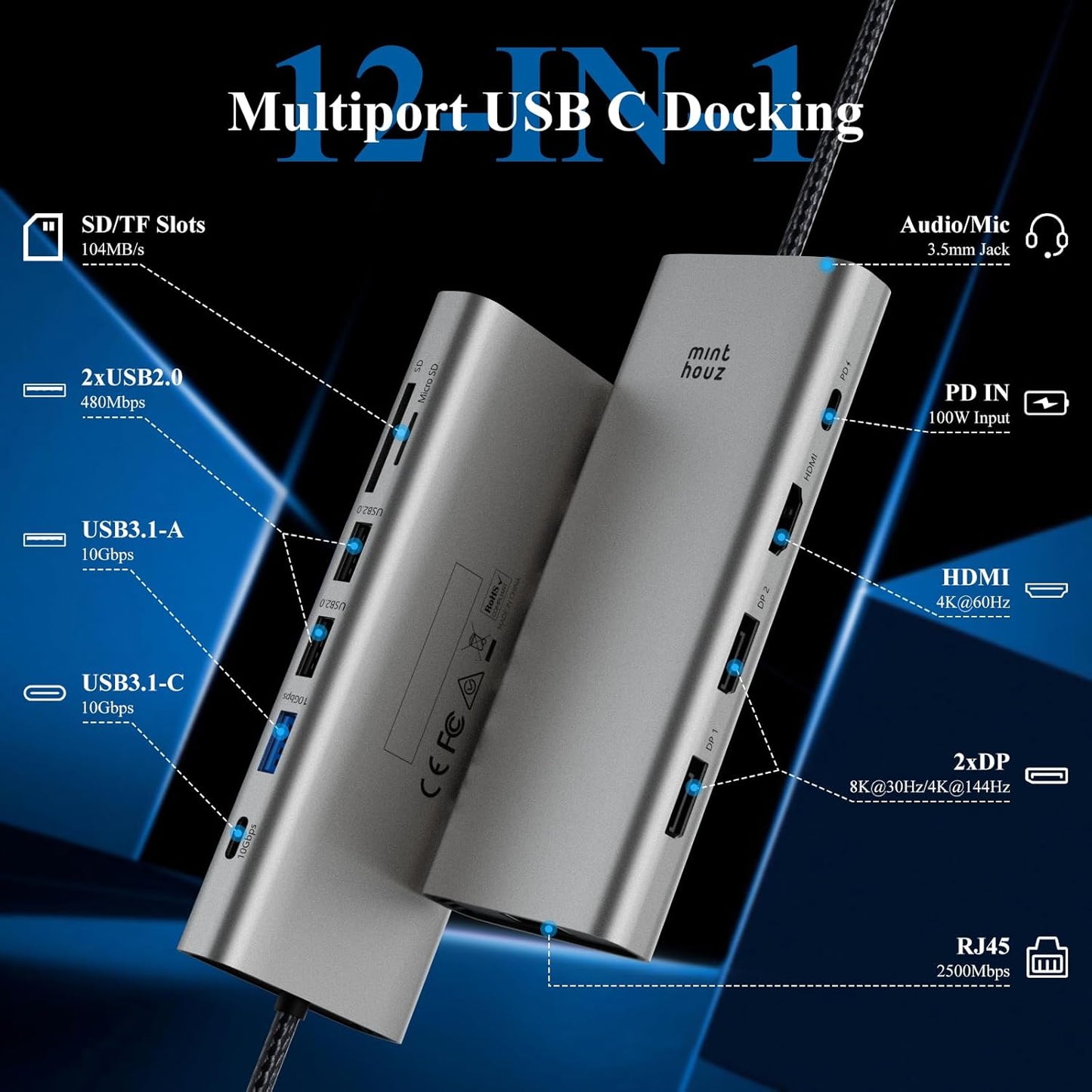 Minthouz USB C Docking Station,12-in-1 Laptop Docking Station Dual Monitor with Dual 8k DisplayPort+4k HDMI+10Gbps, 3 USB A/C, 100W PD, Ethernet, SD/TF, Audio, USB C Hub for MacBook/Dell/HP/Surface