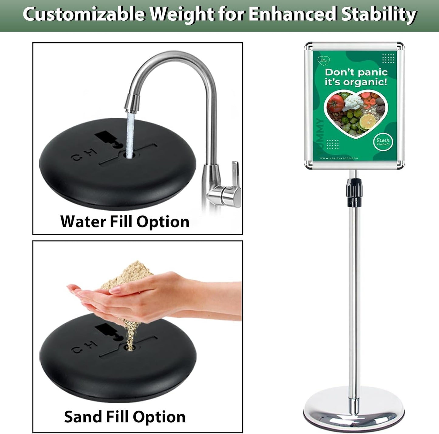 Poster Stand Holder Adjustable Pedestal Floor Standing Sign Holder Vertical and Horizontal View Sign Display, Aluminum Snap Open Frame with Safety Corner (Sliver-8.5x11)