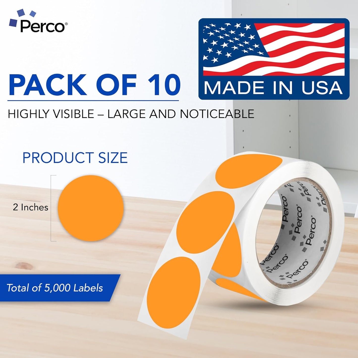 Perco Fluorescent Orange 2-Inch Perforated Circle Dot Sticker Labels — 10 Rolls, 5,000 Round Stickers — with Permanent Adhesive for Organizing, Color Coding, Bin Labeling, Packaging Alerts—Made in USA