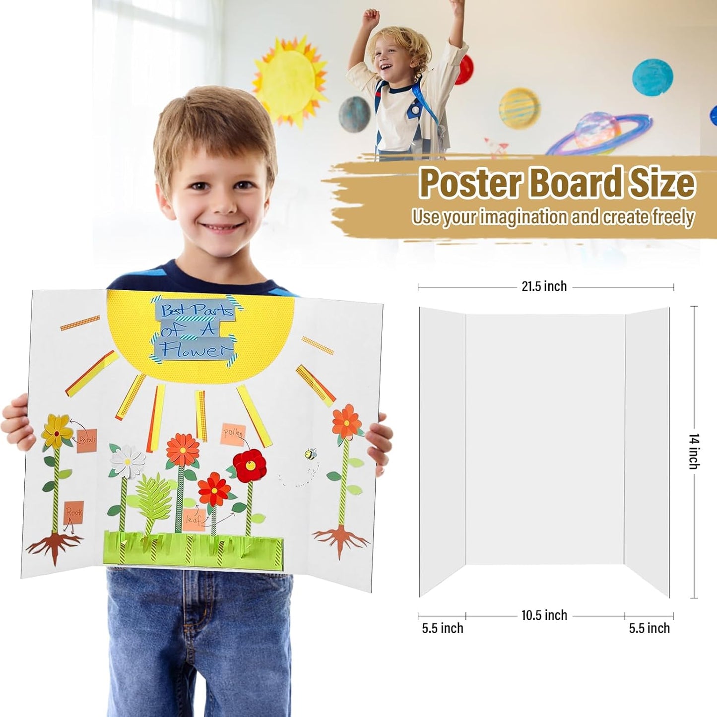8 Pcs Trifold Poster Board, 21.5x14 inches Small White Poster Board Comes with Sticky Accessories, Corrugated Presentation Boards, Display Board for School Projects, Business Presentations