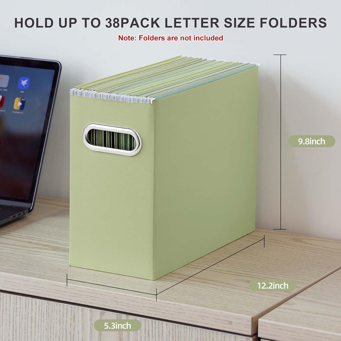 Oterri File Organizer, 2 Packs Small Storage Box, Cardboard File Folder Organizer, Collapsible File Box for Hanging File Folders Letter Size, Portable Filing Organizer with Handle (Green)