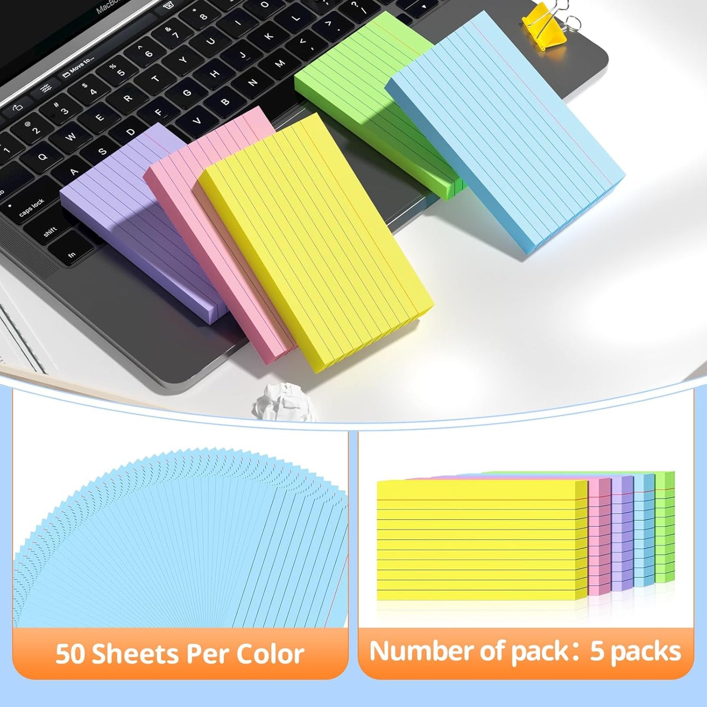 Index Cards 3 X 5 Inches, 250 Count, Colored Flash Cards For Studying, Lined Flashcards Notecards, Study Card, Ruled Front And Blank Back, Heavy Note Cards For Office, Home And School