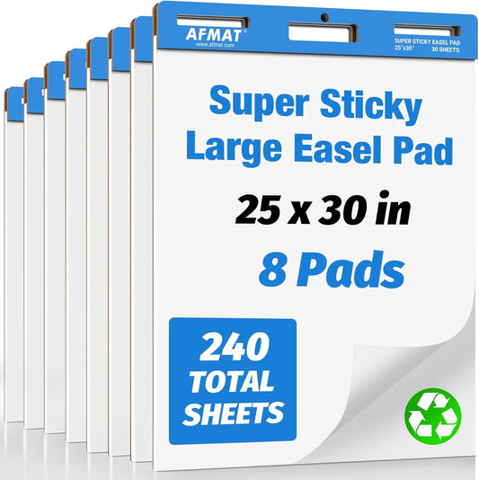 AFMAT Sticky Easel Pads, 25 in x 30 in Flip Chart Paper for Teachers, Ink Bleed-Through Resistant Easel Paper for Office/Classroom/Whiteboard/Wall/Windows, 30 Sheets/Pad, 8 Pads