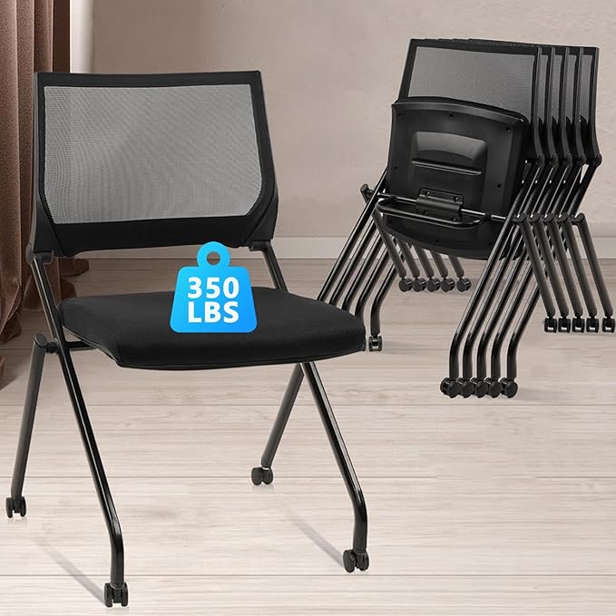 CLATINA Stackable & Foldable Conference Room Chairs, Waiting Room Chairs with Wheels & Lumbar Support, Ergonomic Mesh Bouncing Back Folding Chair for Office Meeting Schools Training Room, Black(8pk)