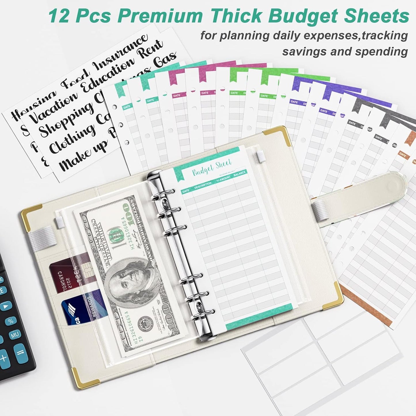 Rnivvi Budget Binder with Zipper Envelopes, A6 Money Saving Binder Cash Envelopes for Budgeting, PU Leather Planner Money Organizer for Cash Bills, Cute Boho System Wallet for Women, Tropical Leaves