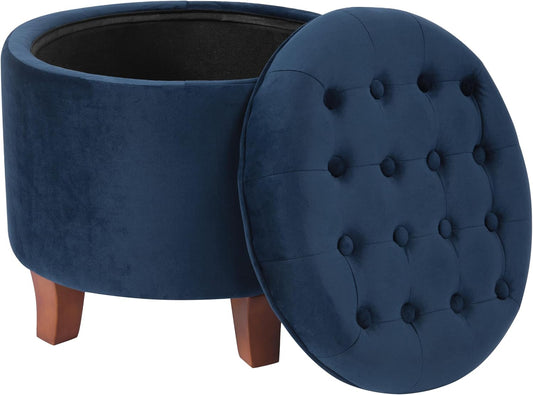 HomePop by Kinfine Fabric Upholstered Round Storage Ottoman - Velvet Button Tufted Ottoman with Removable Lid, Navy Blue
